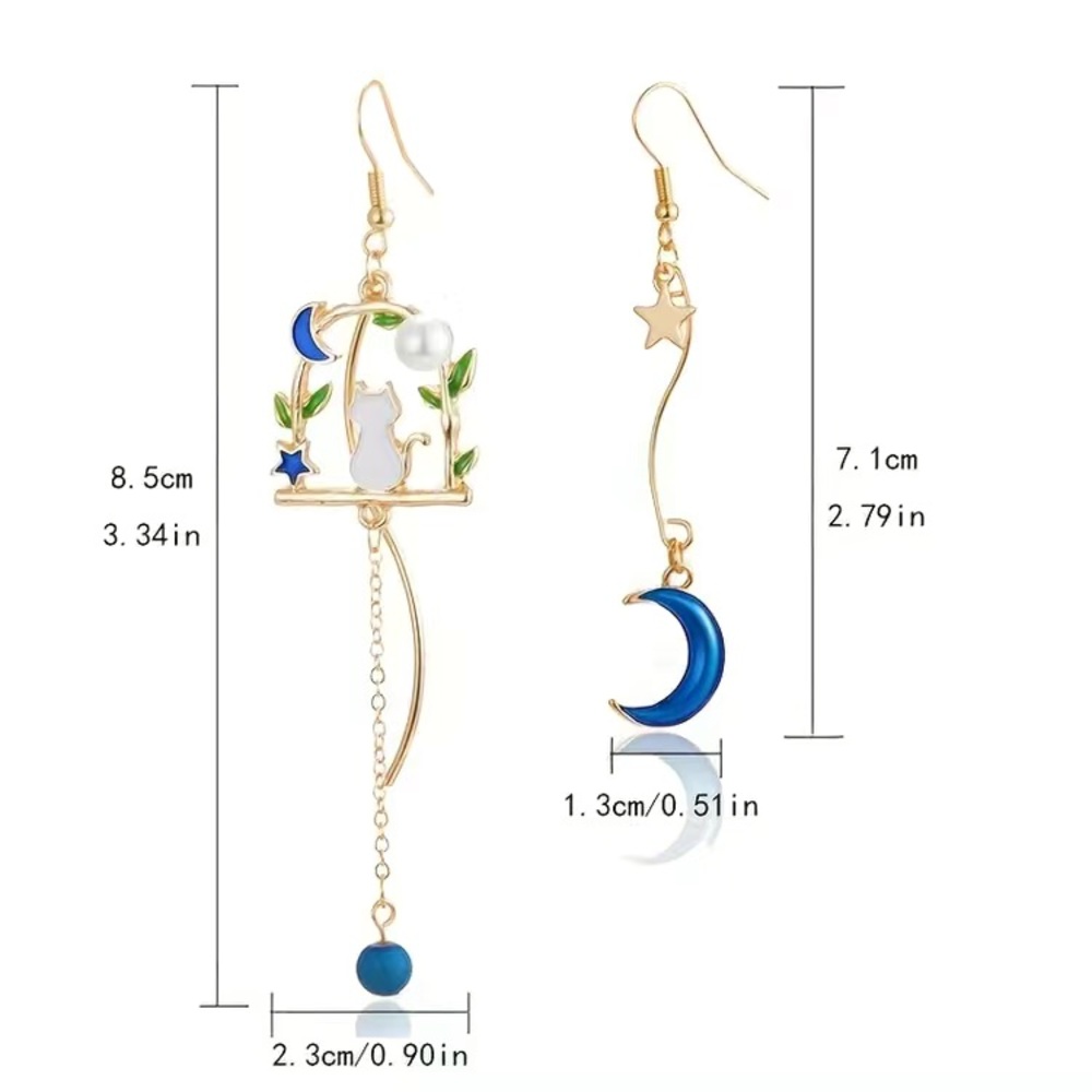 Asymmetrical Cat and Moon Earrings - Picture 4 of 4